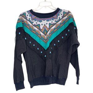 Hazelwood Southwestern Fashion Handkerchief Fringe LS Top Size L Vtg 70s USA Cow